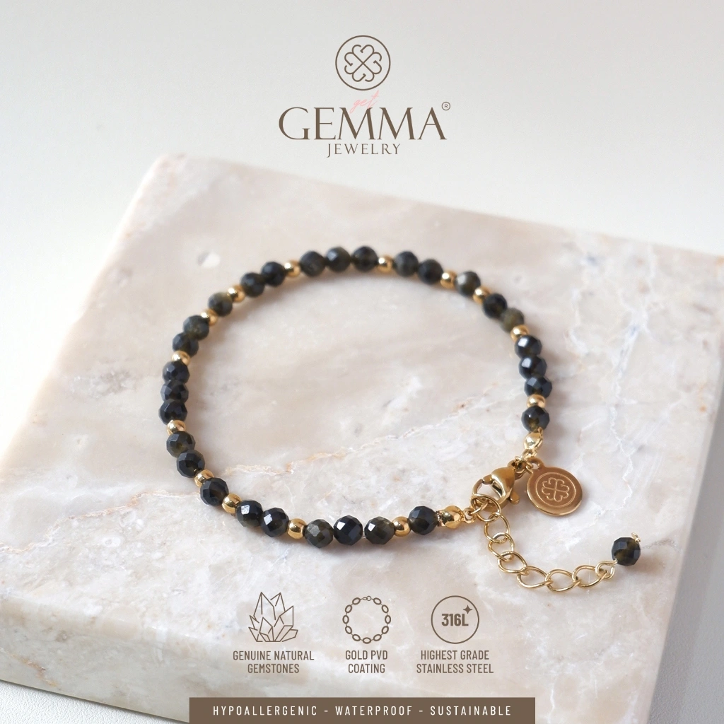 Gemma Jewelry - Eterna Gold Obsidian Bracelet | Gemstone & Stainless Steel PVD Anti Karat | Gelang Batu Alam Asli