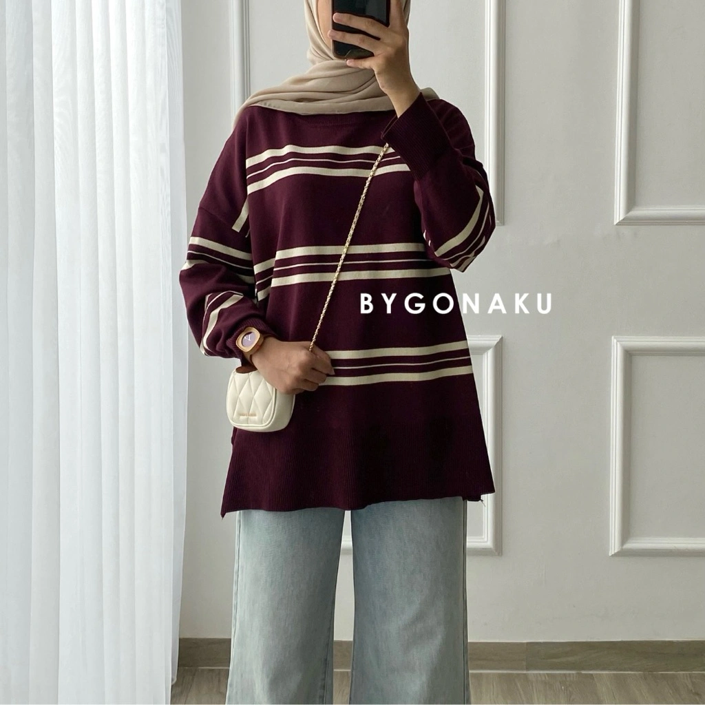 [GONAKU] Milly Stripes Blouse Oversized Top | Basic Kaos Oblong Salur | Atasan Wanita Jumbo Bumil