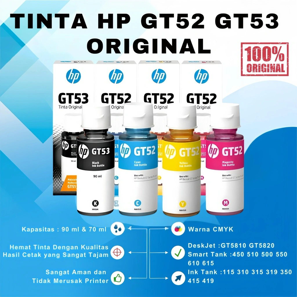 Tinta HP GT52 GT53 Black Cyan Magenta Yellow Original