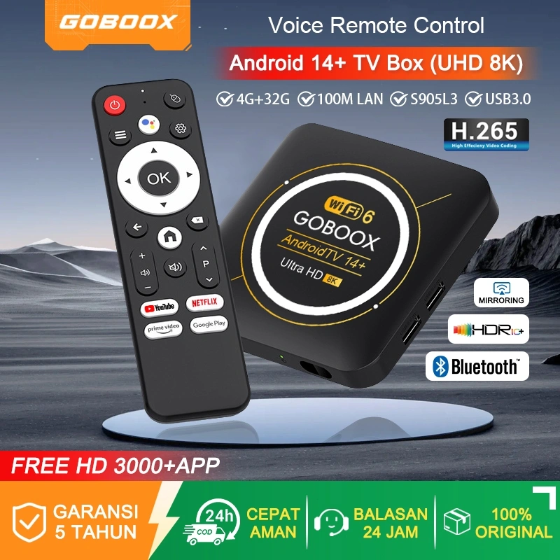 GOBOOX Android TV Box 8K UHD Android 14 OS Set Top Box Stb Android Tv Voice Remote Control Ram 4Gb Rom 32Gb WiFi6 AV USB3.0 S905L3 10bit Bluetooth RJ45 100Mpbs Smart Tv Box