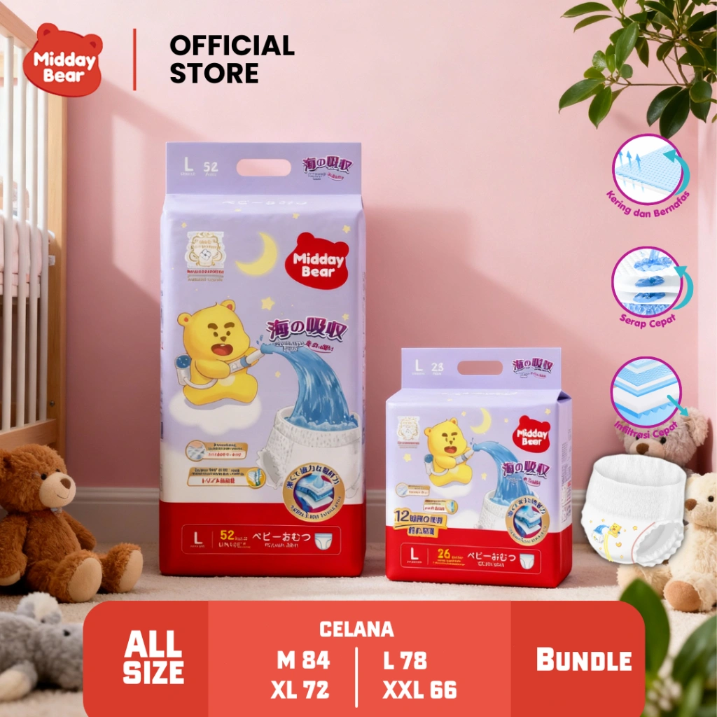 Midday Bear Sea Popok Perekat & Popok Celana Celana Bayi Sekali Pakai Pull Up Pants Daya Serap Extra Night Pants - All Size Size M,L,XL,XXL