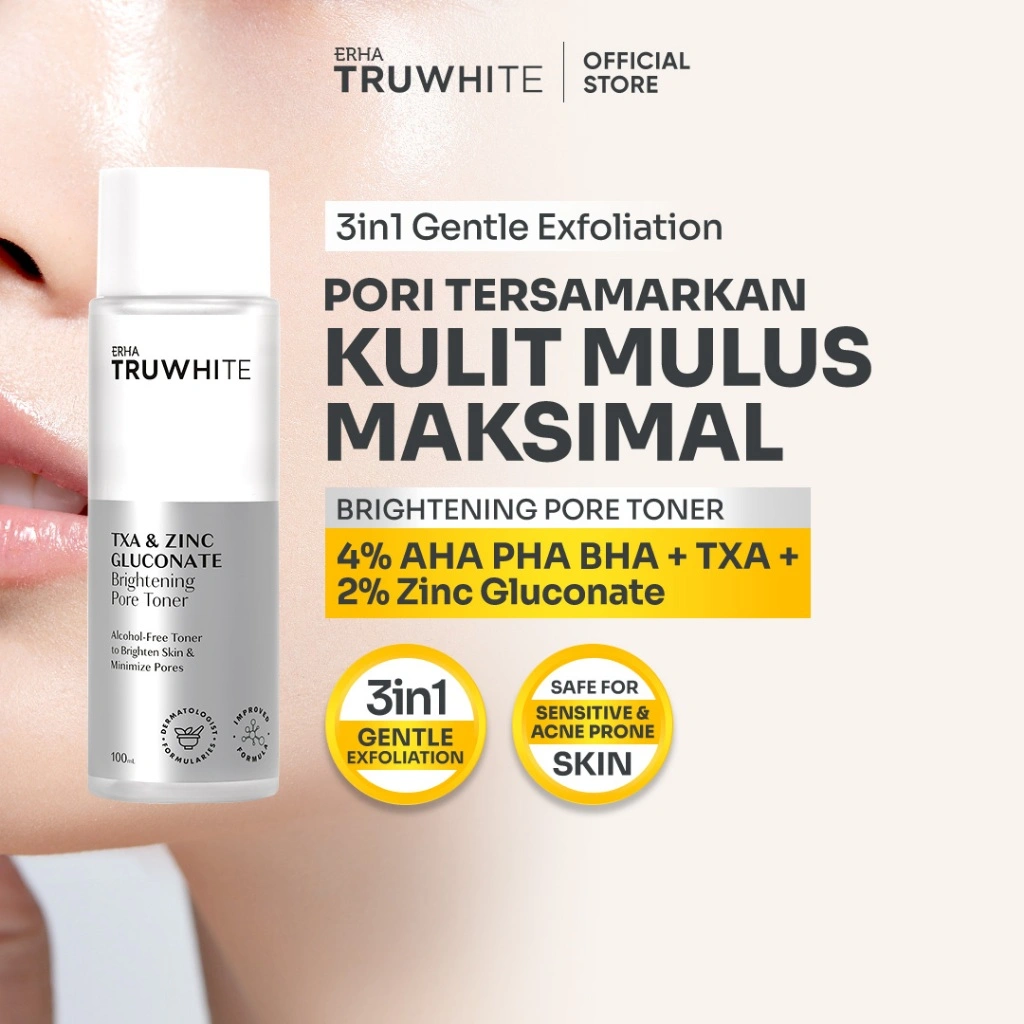 ERHA Truwhite Brightening Exfoliating Pore Toner 100 mL - Gentle Exfoliating Toner with 4% AHA BHA PHA, 2% Zinc Gluconate, Tranexamic Acid | Toner eksfoliasi pencerah wajah dan leher