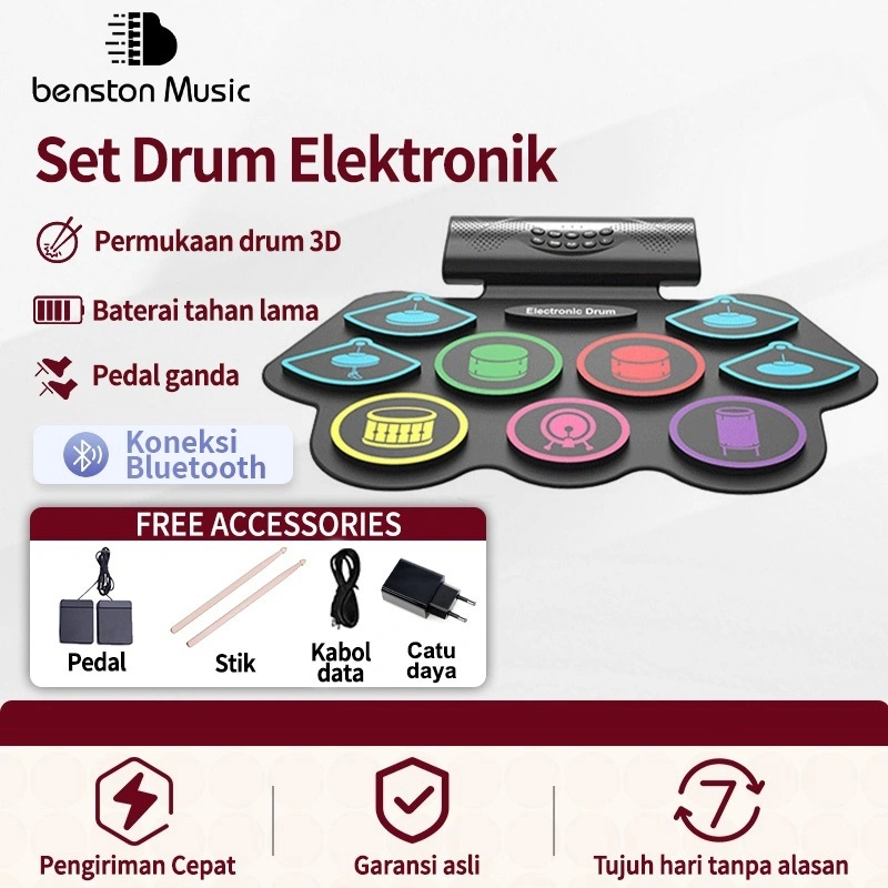 Benston Music- Set Drum Elektronik / Drum elektronik suara eksternal portabel Bluetooth / Set Drum Gulung Anak-anak