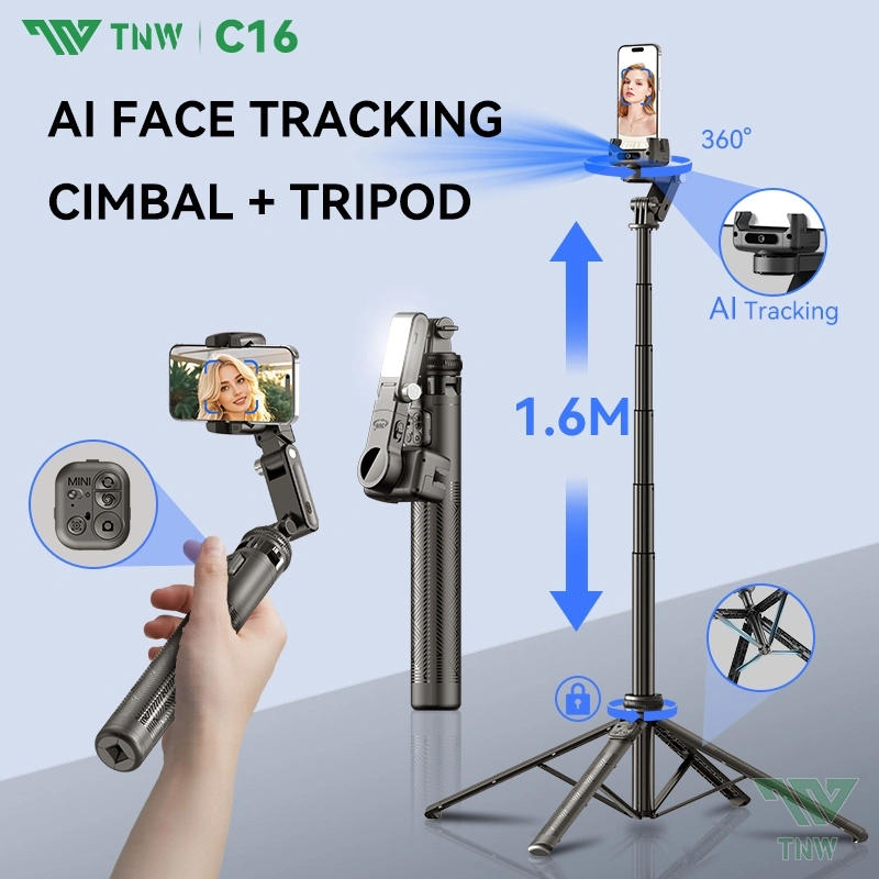 TNW C16 Multi-functional Auto Face Tracking Tripod AI Bluetooth Gimbal Stabilizer 360° Rotation Selfie Stick Tongsis Dengan Lampu