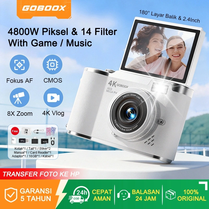GOBOOX Layar Balik 180° Digicam 48MP 8X Zoom Kamera Digital Mini 4K Vlog With Lampu Kilat Anti Goyang Filter Puzzle Games LCD 2,4 Inci Kamera Pocket (Free：16G*1 Card Reader*1 Adaptor*1 Stiker*2 Tali*1)