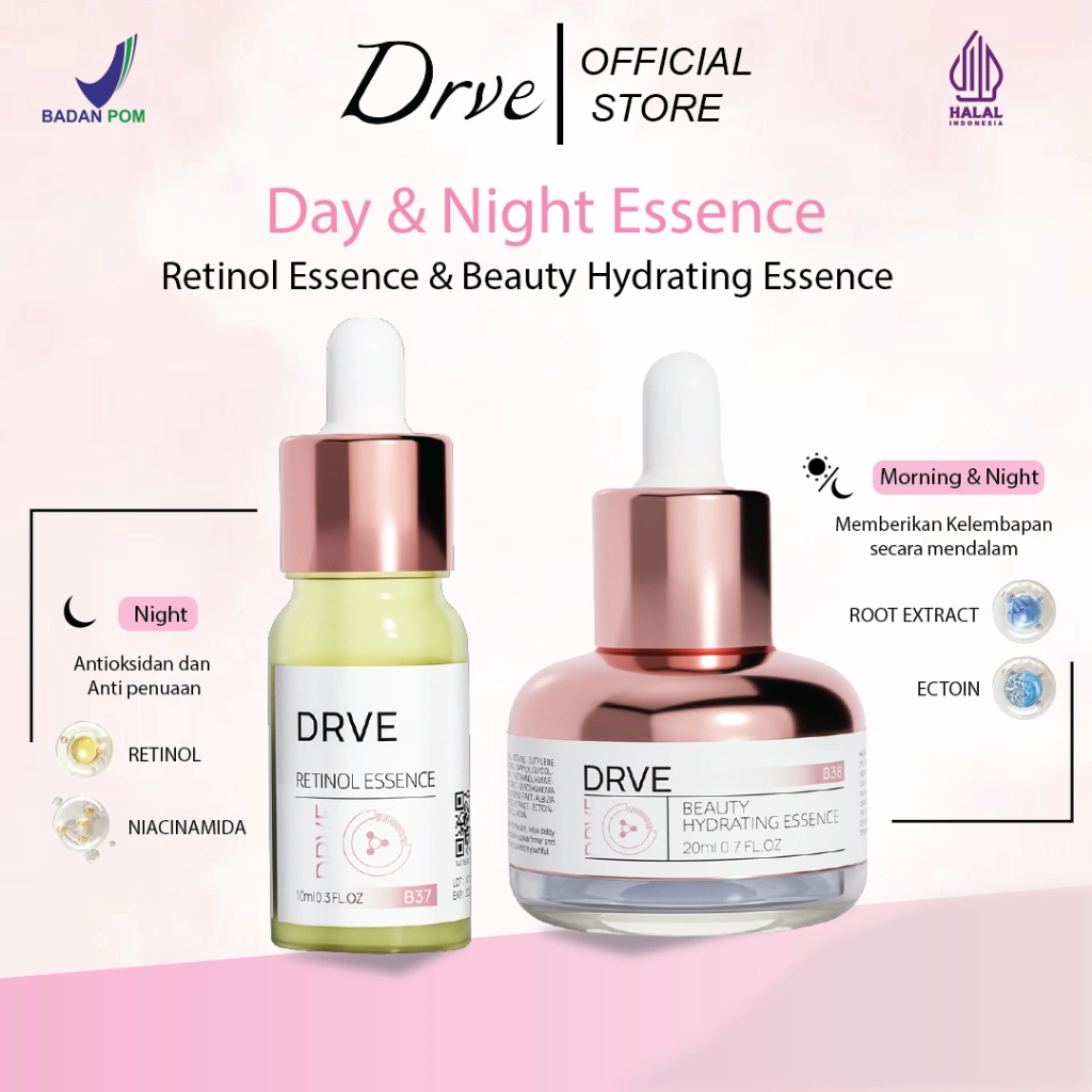 DRVE Serum Retinol 10ml & Hydrating Essence 20ml - Dapat Memudarkan Garis Halus, Anti Aging, Mencerahkan, Meratakan Warna Kulit, Dan Cocok Untuk Semua Jenis Kulit - Serum Retinol - Retinol Anti Aging - Serum And Essence Wajah