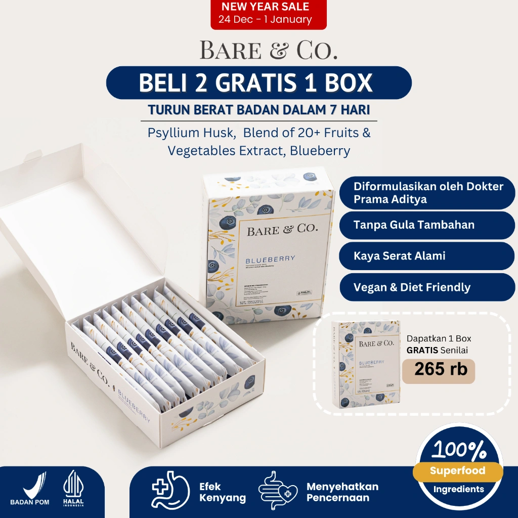 BARE & CO. BUY 2 GET 1 Minuman Prebiotic Fiber - 20 + 10 Sachets | Blueberry and 20+ Fruit Extracts