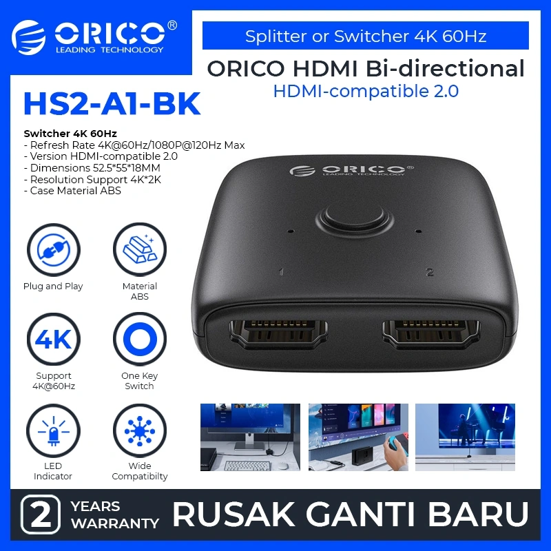 ORICO HDMI Bi-directional Splitter or Switcher 4K 60Hz - HS2-A1-BK-EP
