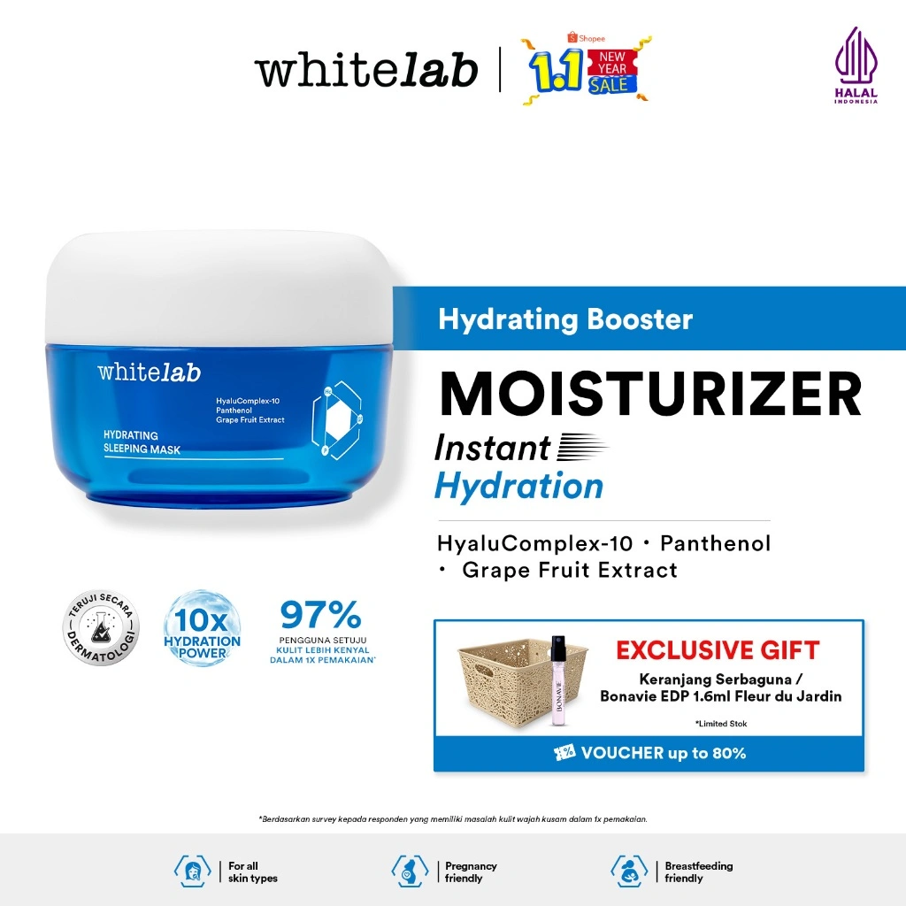 Whitelab Hydrating Sleeping Mask - Pelembap Malam untuk Kulit Lembap, Kenyal, Terhidrasi Maksimal dengan Hyaluronic, Panthenol & Grape Fruit Extract [BPOM]