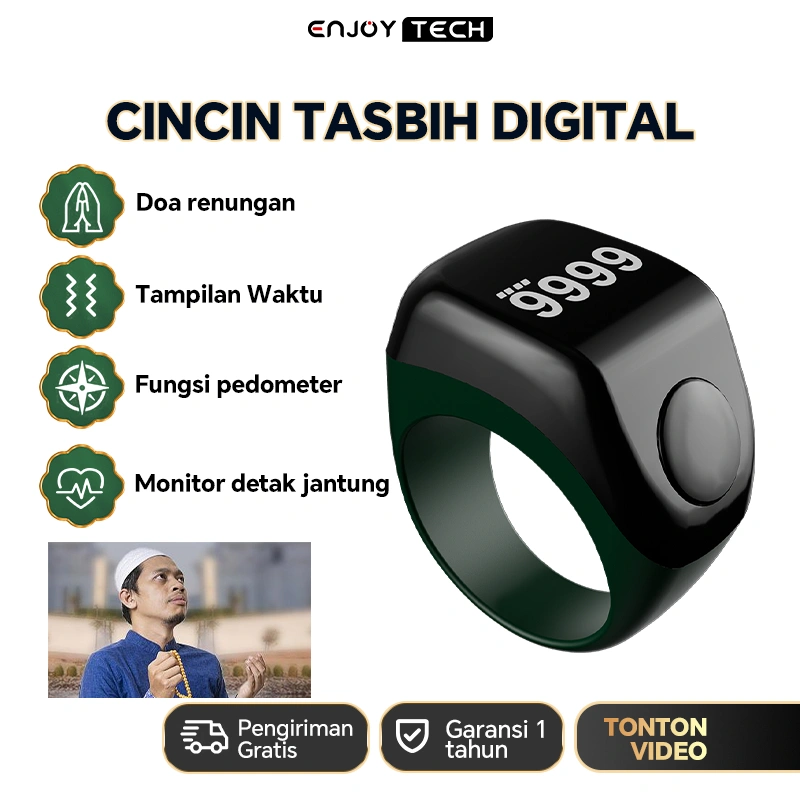 Smart Tasbih Counting Ring/Cincin Tasbih Digital-Hitung Zikir Otomatis Cincin pemantau detak jantung dan tekanan darah Pedometer Bluetooth
