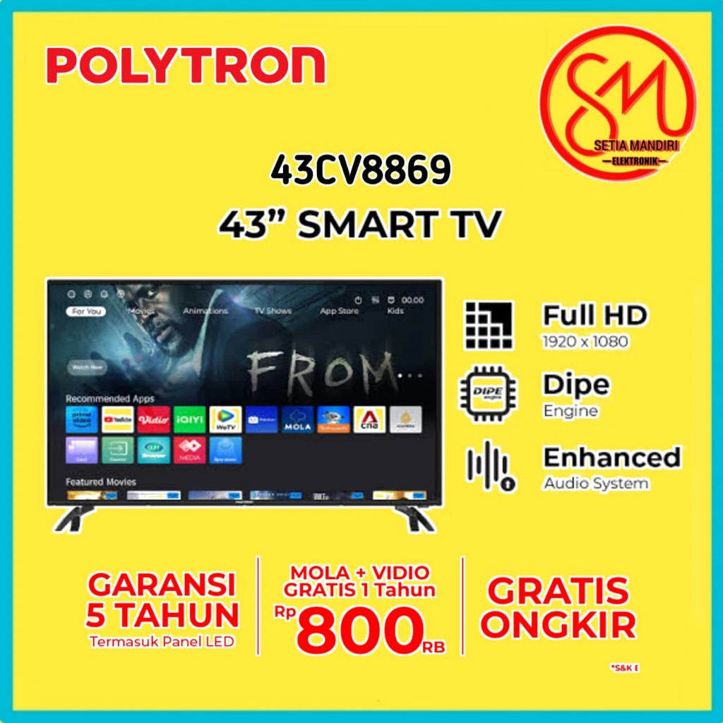 [KARGO] POLYTRON Smart TV Digital DVB-T2 24 32 40 43 Inch - PLD 32CV1869 Free Mola 1 Tahun