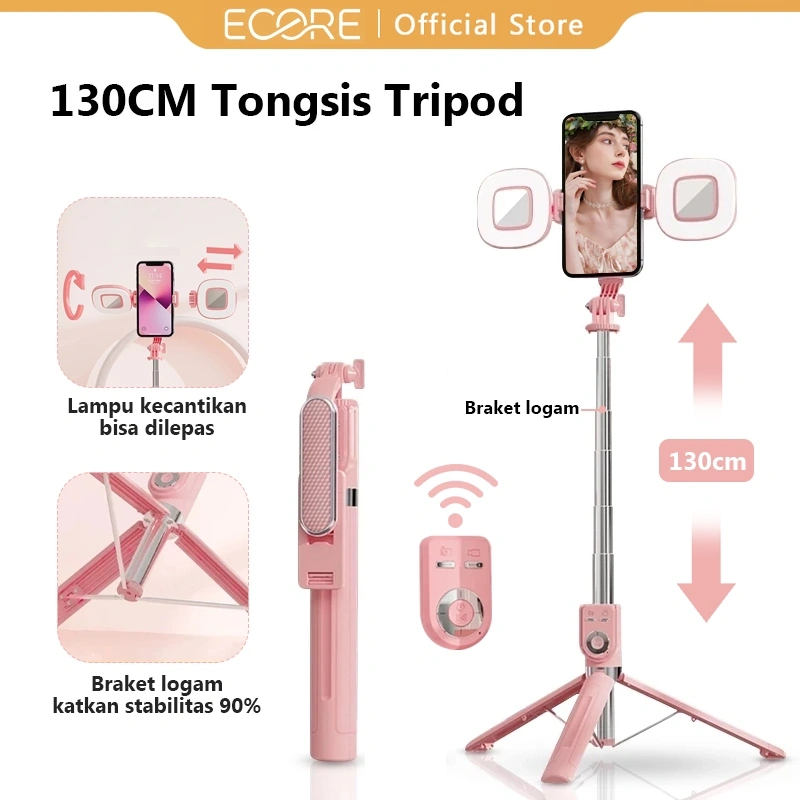 Ecore Tongsis Selfie Stick Tripod Bluetooth 130cm Paduan Aluminium Selfie Stick  Remote Bluetooth 7 Tombol, Monopod Portabel, Lampu LED untuk Vlogging