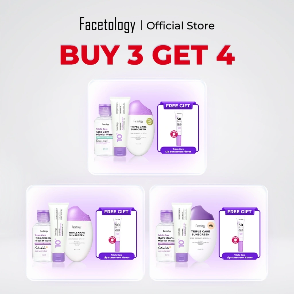 [4 in 1] Facetology Basic Skincare Set Barrier Boost Moisturizer 10% + Sunscreen + Micellar Water 100ml Get Free Triple Care Lip Protector Sunscreen