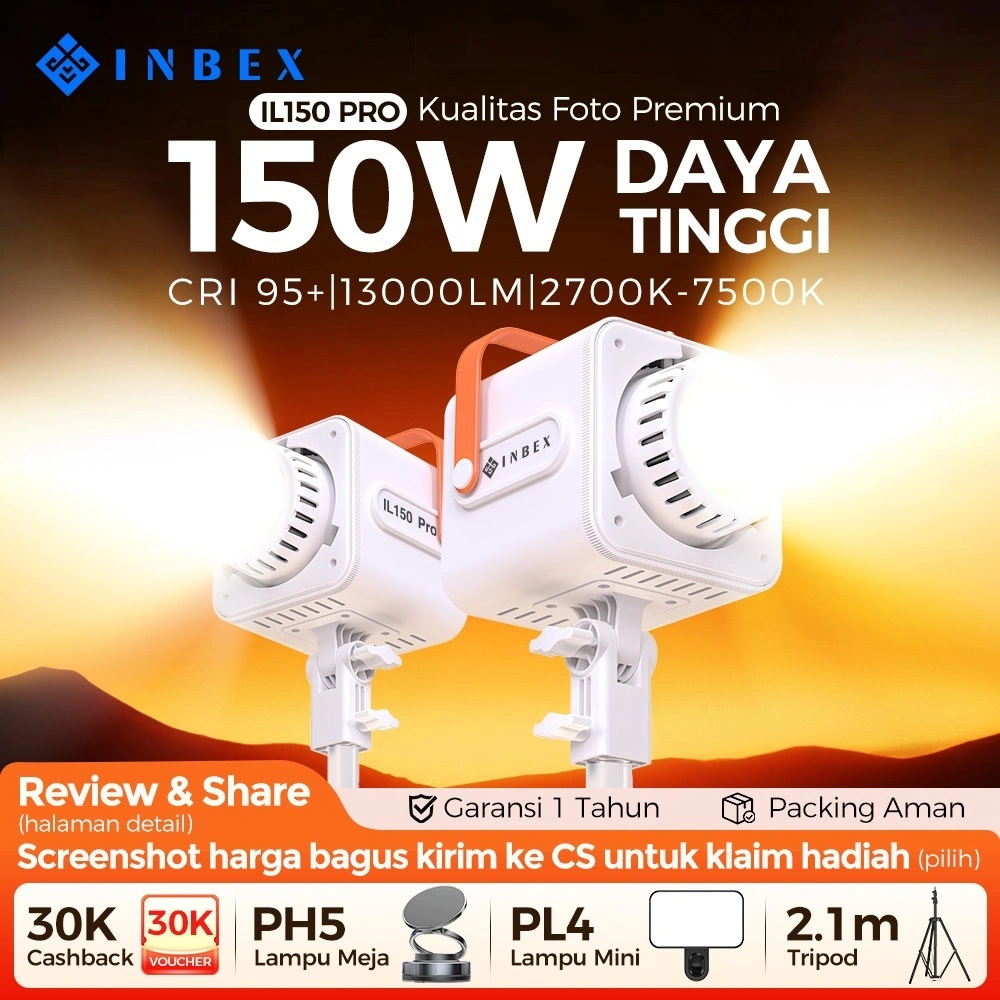 [Garansi 1 tahun] INBEX IL150Pro Lighting Studio Lampu Konten Live Streaming Photography with CRI 95 dan suhu warna (2700K-7500K)