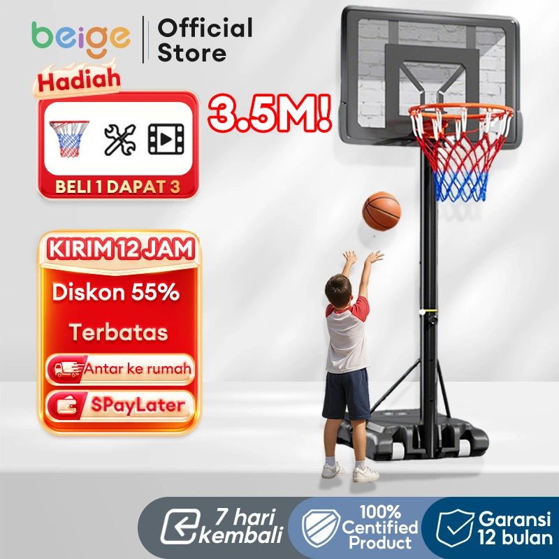 BEIGE Ring Basket Portable Tinggi Bisa Diatur 1.35-3.05m Stand Bola Basket Anak Mudah Dipindah