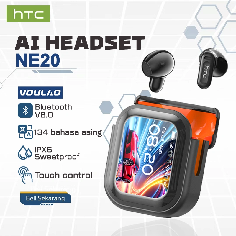 [AI Headset Terjemahan]HTC NE20 Headset terjemahan AI Wireless Bluetooth Headset V6.0 TWS In Ear earphone Headphone dengan layar IPX5 Headphone olahraga