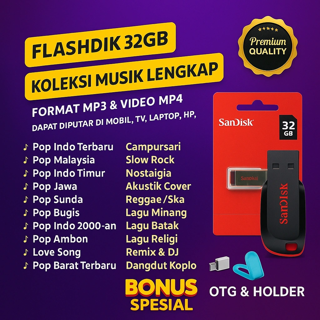 FLASH DISK MUSIK AUDIO VIDEO MOBIL & SPEAKER BONUS OTG HOLDER HP