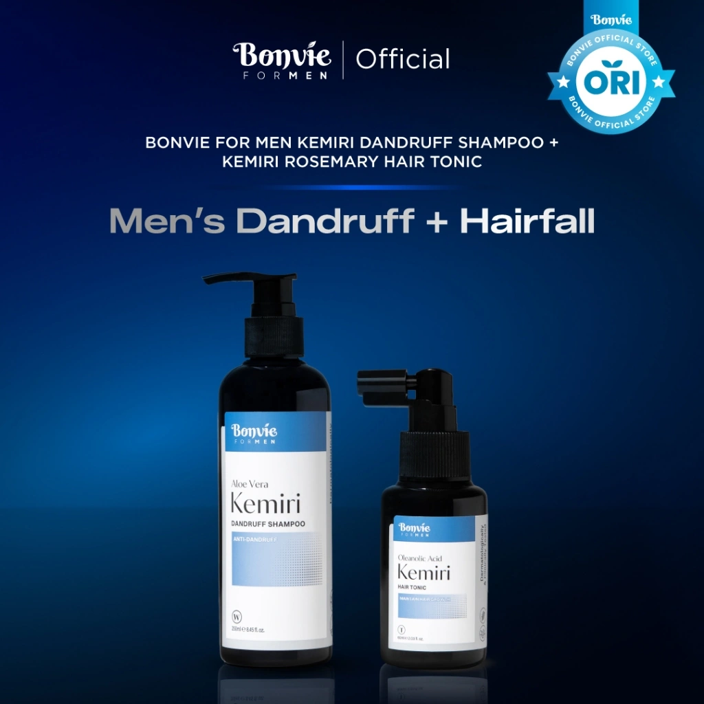 [BONVIE FOR MEN] Dandruff + Hairfall (Shampoo Aloe Vera Kemiri Anti Dandruff 250ml + Oleanolic Acid Kemiri Hair Tonic 60ml) Package - Merawat Kulit Kepala Berketombe, Mudah Gatal & Merawat Kesuburan Rambut