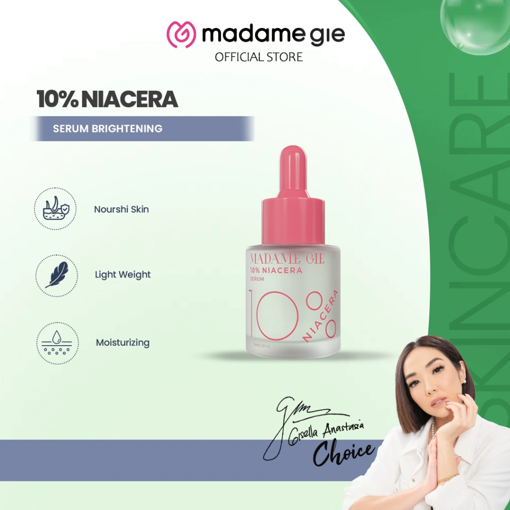 Madame Gie 10% Niacera Serum 20ml - Skincare Serum 2X Brightening Agent & 4X Hydrating dengan 10% Niacinamide dan Ceramide | Serum Wajah Mencerahkan & Menyamarkan Bintik Hitam