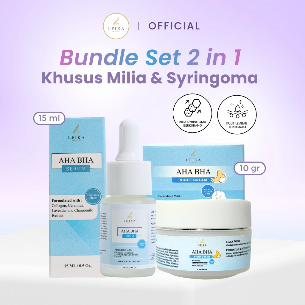 Leika Skincare 2 in 1 AHA BHA Serum & AHA BHA Night Cream Resmi BPOM Paket Skincare Penghilang Milia Syringoma Di Wajah Serum Mengangkat Sel Kulit Mati Obat Penghilang Milia Bintik Bintik Putih Di Wajah Penghilang Bruntusan Siiringoma