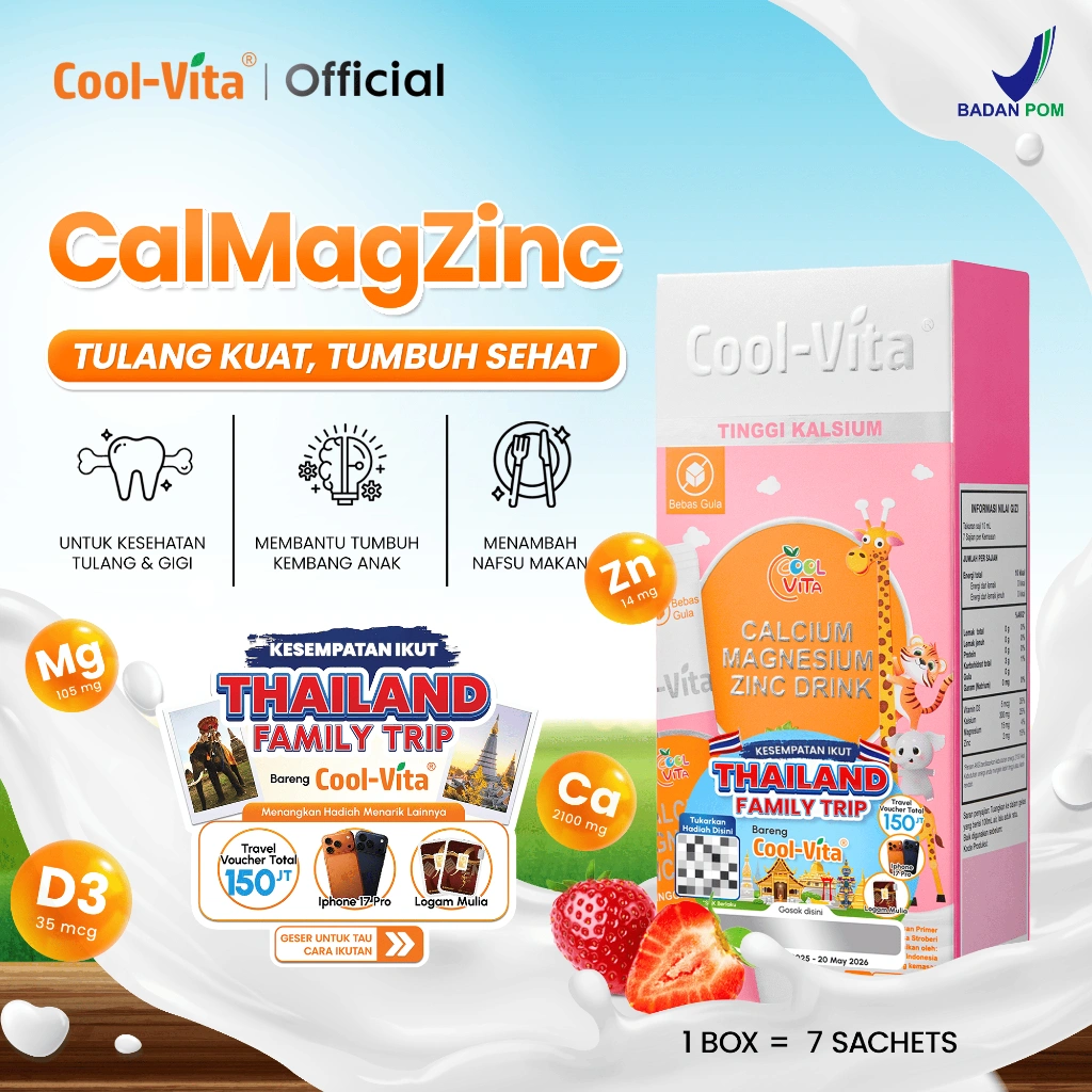 [NEW PRODUCT] Coolvita CalMagZinc Drink 1 Box Rasa Yoghurt Strawberry - Membantu Mendukung Pertumbuhan Tulang dan Gigi | Mengandung Kalsium Magnesium Zinc dan Vitamin D3 | Original dan BPOM