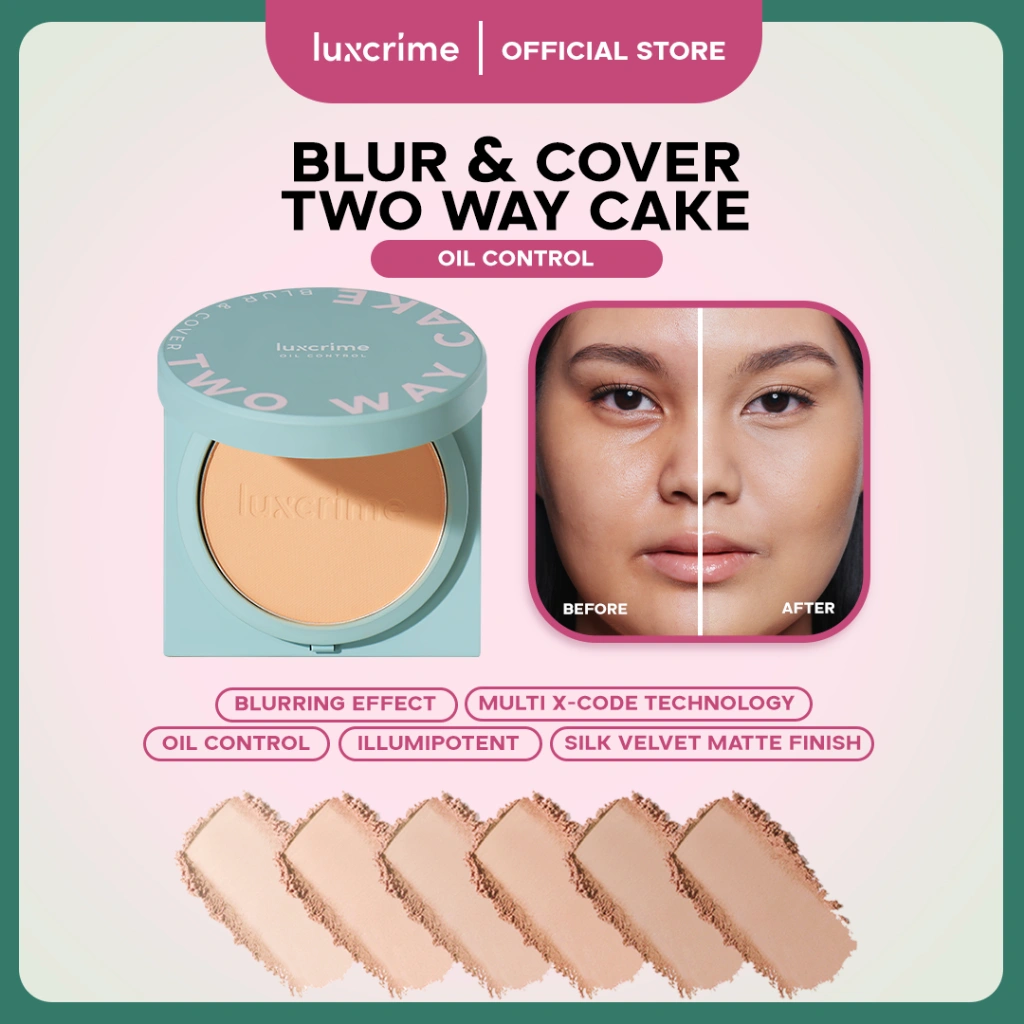 NEW Oil Control Luxcrime Blur & Cover Two Way Cake - Bedak Foundation Padat High Coverage Untuk Kulit Halus Tanpa Pori Bebas Minyak Tahan 24 Jam