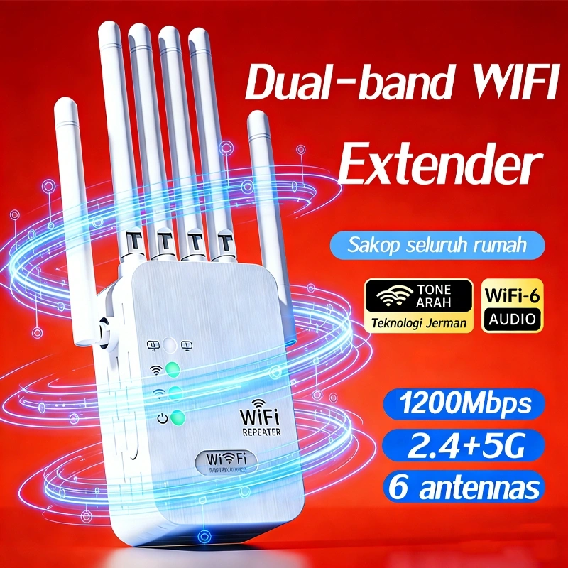 1200Mbps dual band 5G penguat sinyal WiFi penguat router repeater plug and play 4 antena eksternal sinyal penetrasi dinding kuat dan stabil