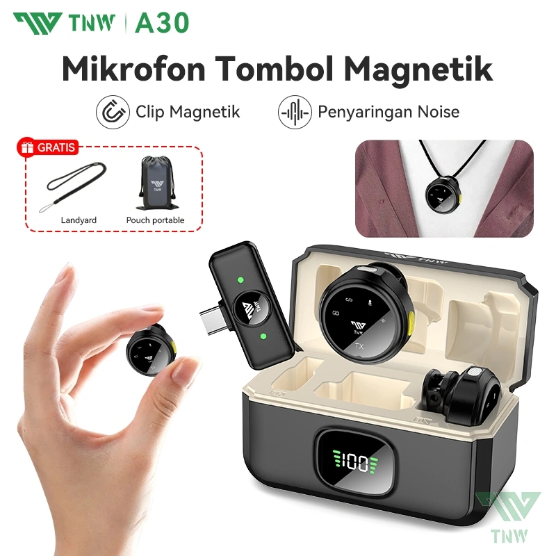 TNW A30 Wireless Clip on Mic Microphone Dual Mikrofon Wireless Mikrofon hp Lavalier Microphone wireless Plug & Play Lapel Mic dan Charging Case for TikTok YouTube Facebook Live Stream
