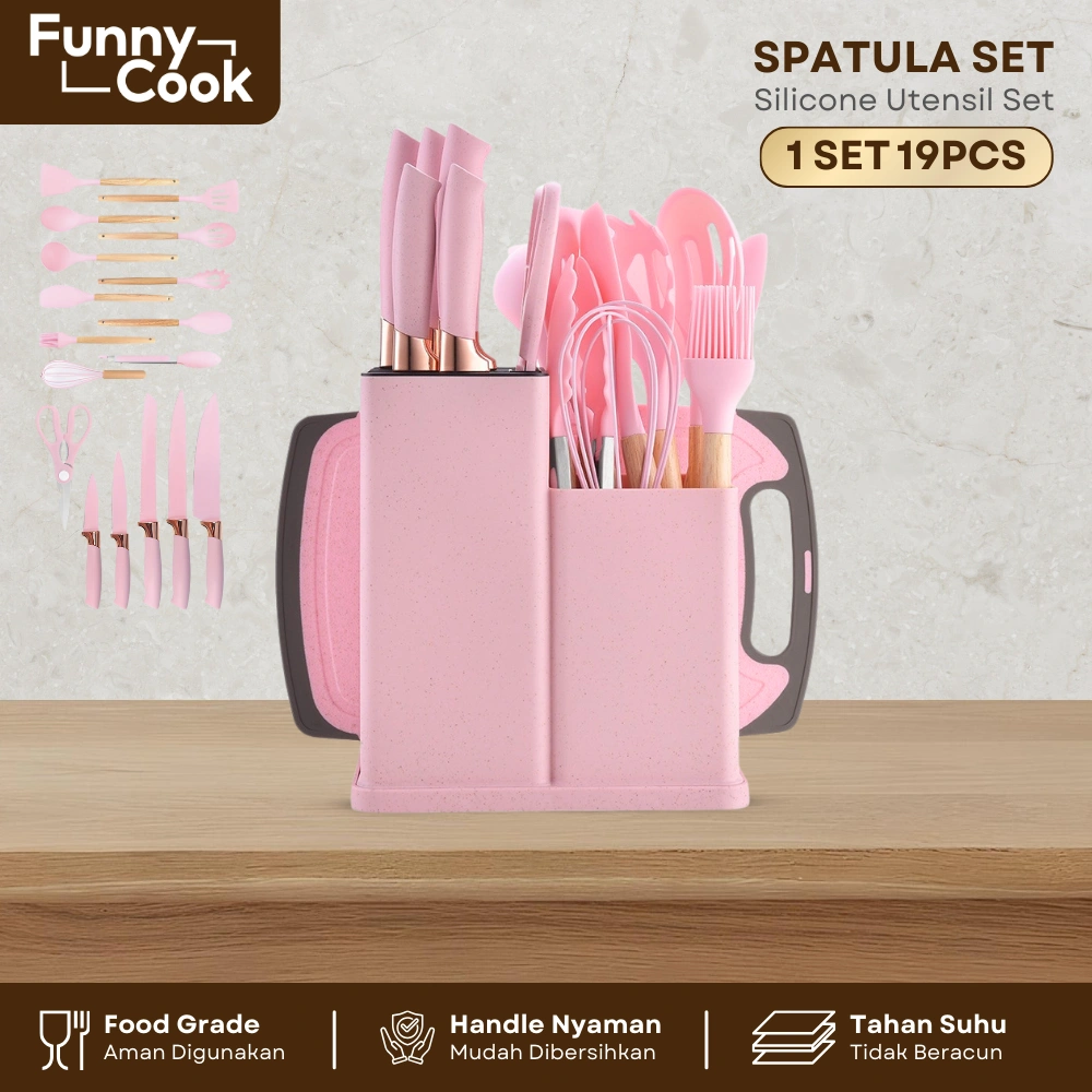 FUNNYCOOK Set Alat Dapur Silikon Sutil Silicone Kitchen Set 19 IN 1 Spatula Tahan Panas Free Wadah