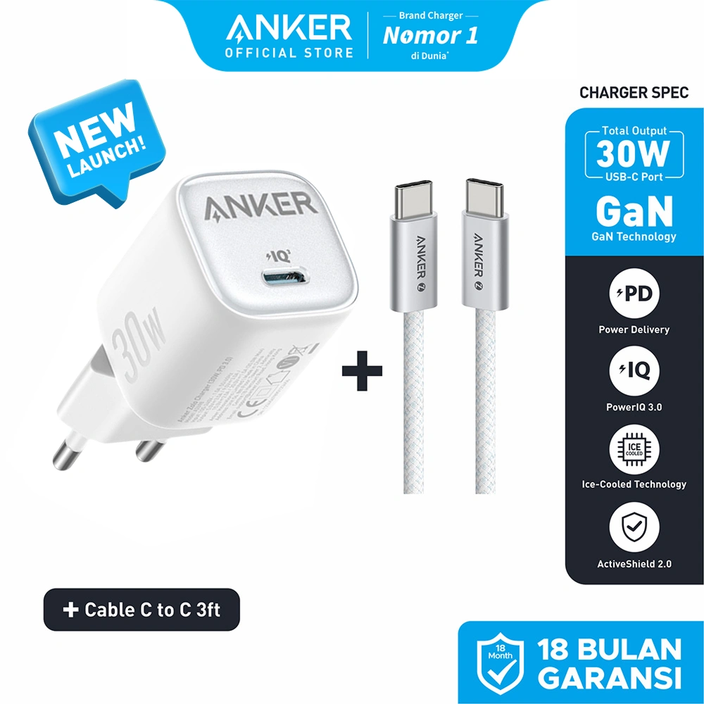 Anker Wall Charger GaN 20W 30W Adaptor USB Type C Lightning MFi Fast Charging PD for iPhone 17 16 15 14 13 Samsung Ice-Cooled bundle Kabel - A2698 / A2699 / B2699