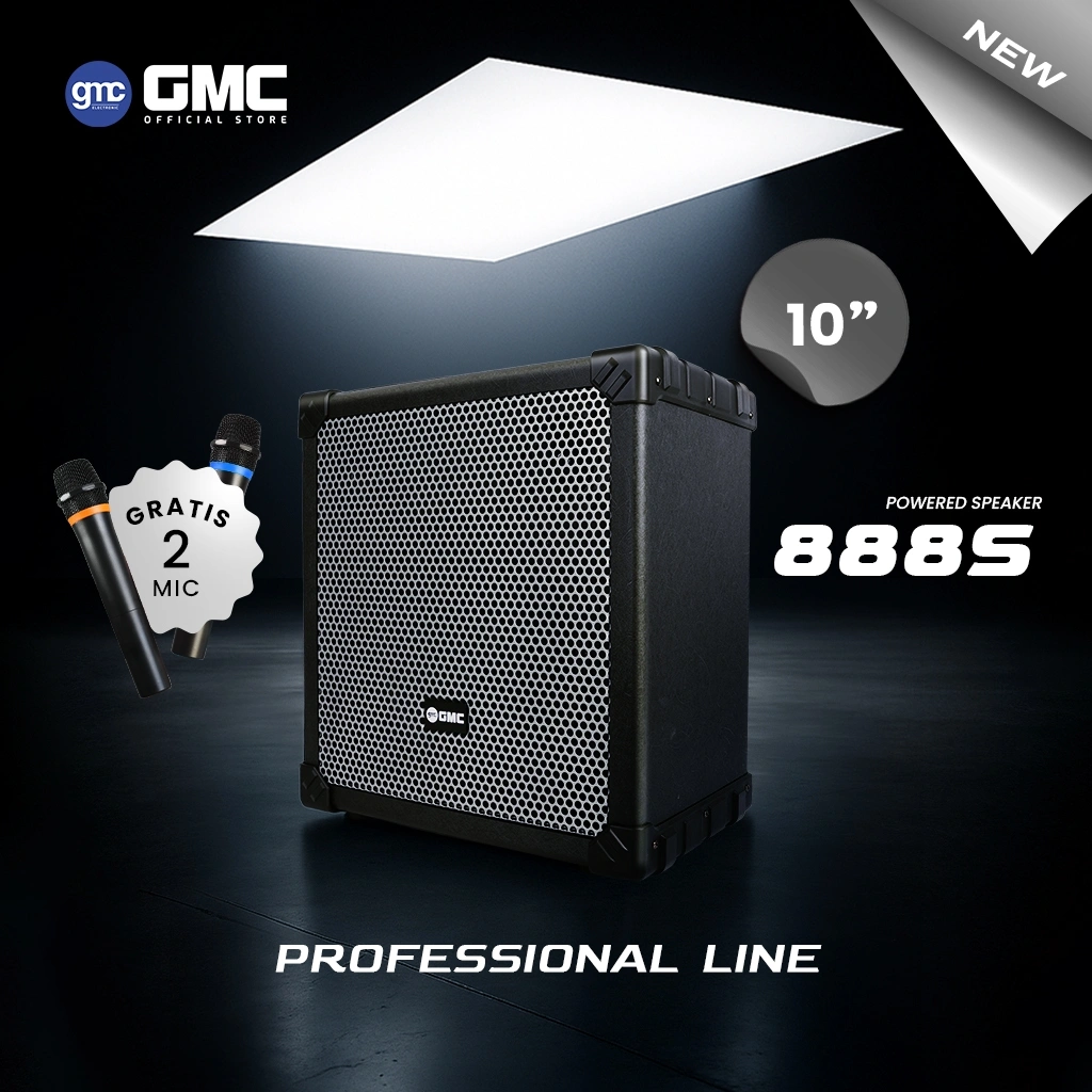 GMC Speaker 888S Professional Line – 10” Karaoke Speaker 200W dengan 2 Mic Wireless UHF, Bluetooth, Pairing & Baterai