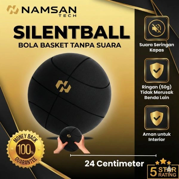 NamsanTech Black Silentball Bola Basket Tanpa Suara Size L Dewasa 24 Cm Daya Pantul Bola Basket Asli