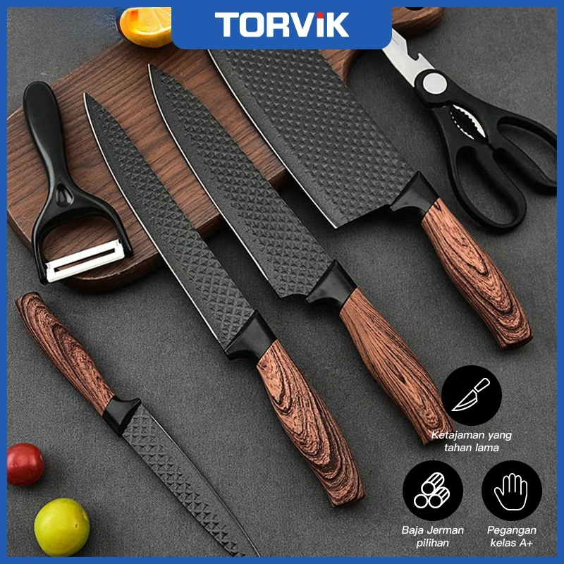 Torvik - Pisau Dapur Set 6in1 High Quality Stainless Steel Multifungsi Pisau Koki Alat Dapur Knife