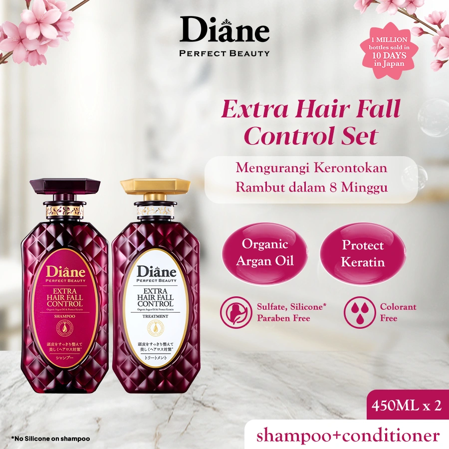 PAKET Diane EXTRA HAIR FALL CONTROL Shampoo + Treatment 450ml (Made In Japan)