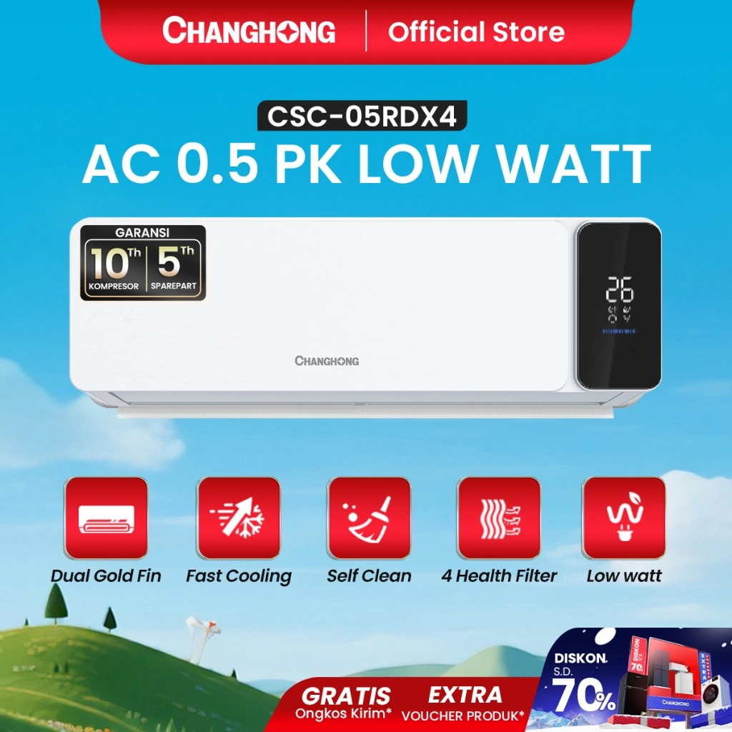 [HEMAT DAYA] CHANGHONG AC 1/2 PK - CSC 05RDX4 LOW WATT [INDOOR + OUTDOOR UNIT ONLY] [LOW WATT] [SLEEP MODE] [DOUBLE CORROSION PROTECTION]