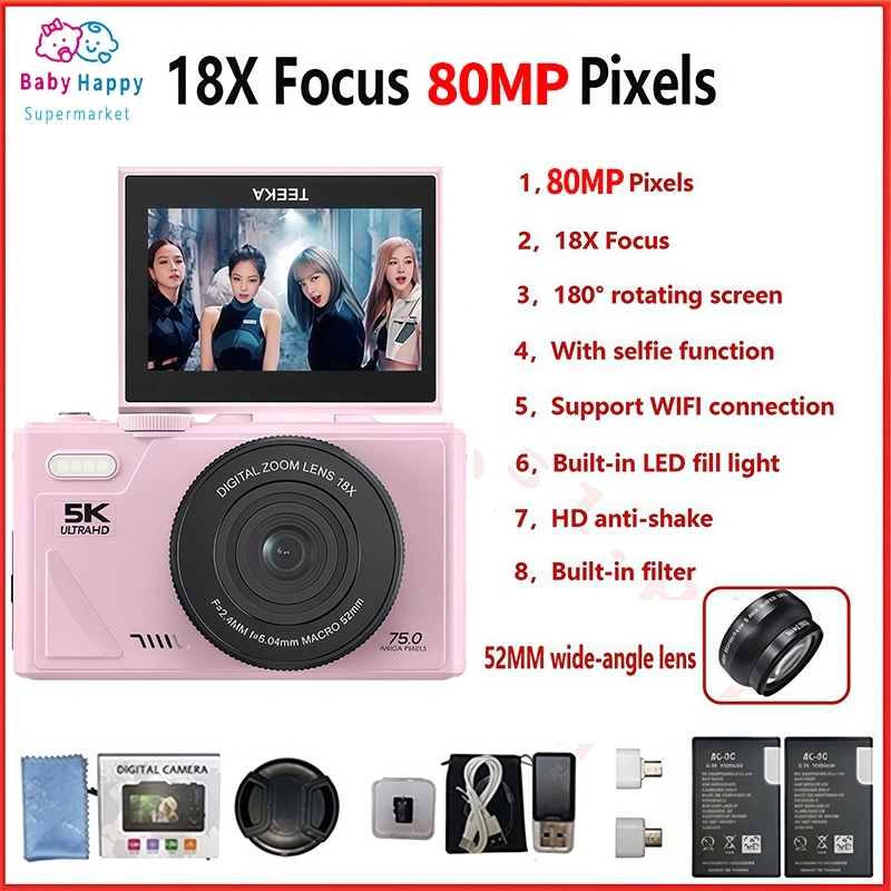 100% Original TEEKA 5K 80MP 18X Zoom Kamera Digital WiFi Putaran 180° kamera Vlogging murah Dengan Dukungan Selfie Koneksi WIFI untuk Hadiah