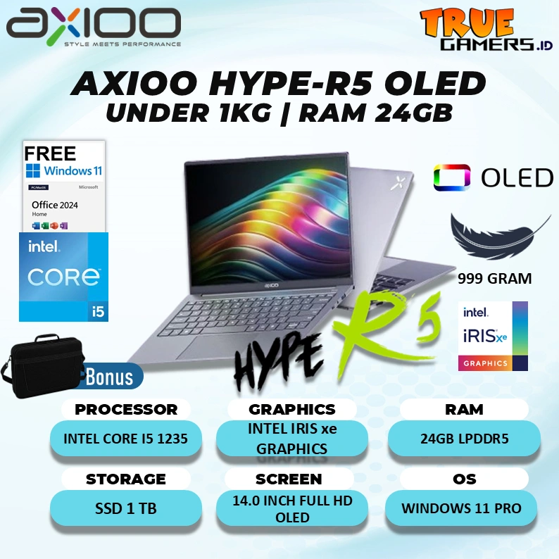 Laptop Axioo Hype R5 Oled I5 1235 RAM 24GB SSD 1TB Windows 11 + Office Home 2024 14.0 Inch FHD Oled