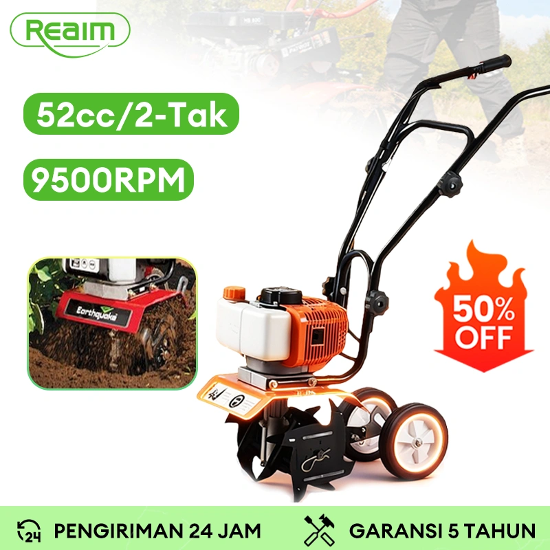 REAIM Cultivator mini Kultivator 52CC | Mesin Bajak Tanah Tiller Bensin 2-Tak | Portable