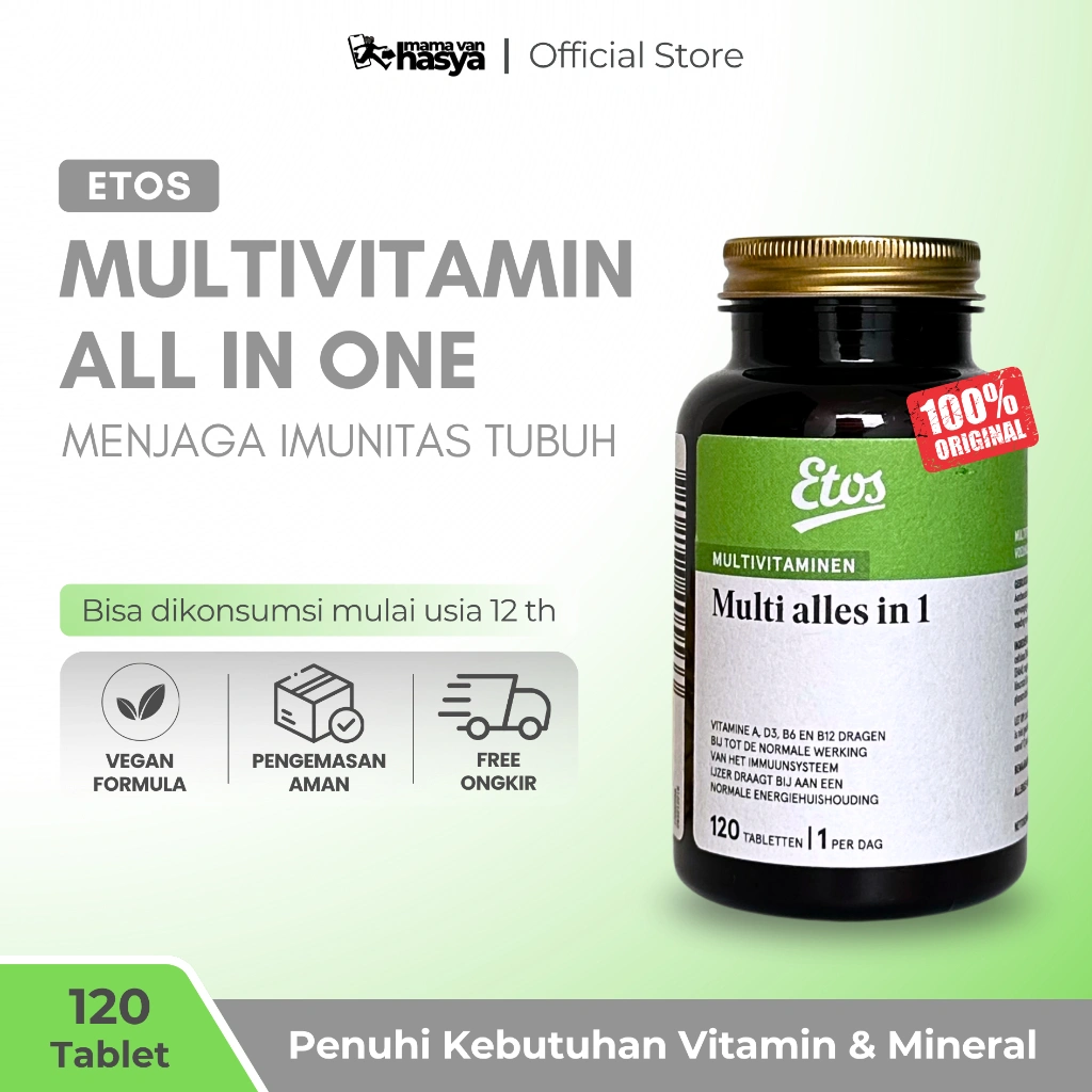 Etos Multi All IN 1 Multivitamin dan Mineral Isi 120 Tablet | Mengandung Vitamin A, B Kompleks, C, D3, E, K, Kalsium, Zinc, Magnecium, Zat Besi, Mangan, Selenium | Membantu Meningkatkan Metabolisme