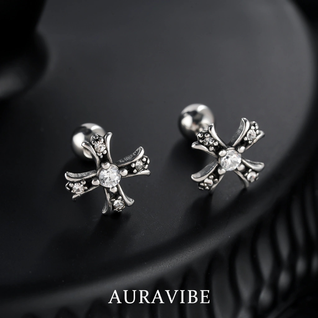 AURAVIBE-"Anting Tulang Telinga Salib Titanium & Zircon bergaya punk berdesain salib yang edgy dan keren"