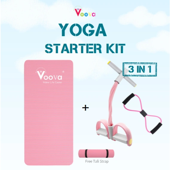 VOOVA 3 IN 1 Set Olahraga/ Set Yoga/ Paket Lengkap Alat Olahraga/ Matras dengan Tummy Trimmer dan Tali Yoga Elastis Nyaman dan Anti Slip