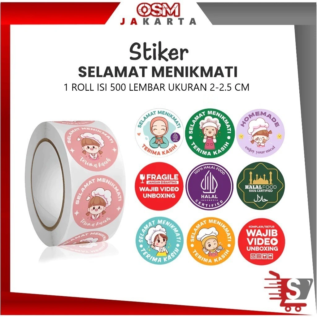 OSM JKT 6593 500 PCS Stiker Selamat Menikmati / Sticker Bulat Roll Makanan Kue Terima Kasih / Sticker Bulat Roll Unik / Tempelan Jualan Makanan 500 PCS / Stiker Roll Catering Motif Beragam