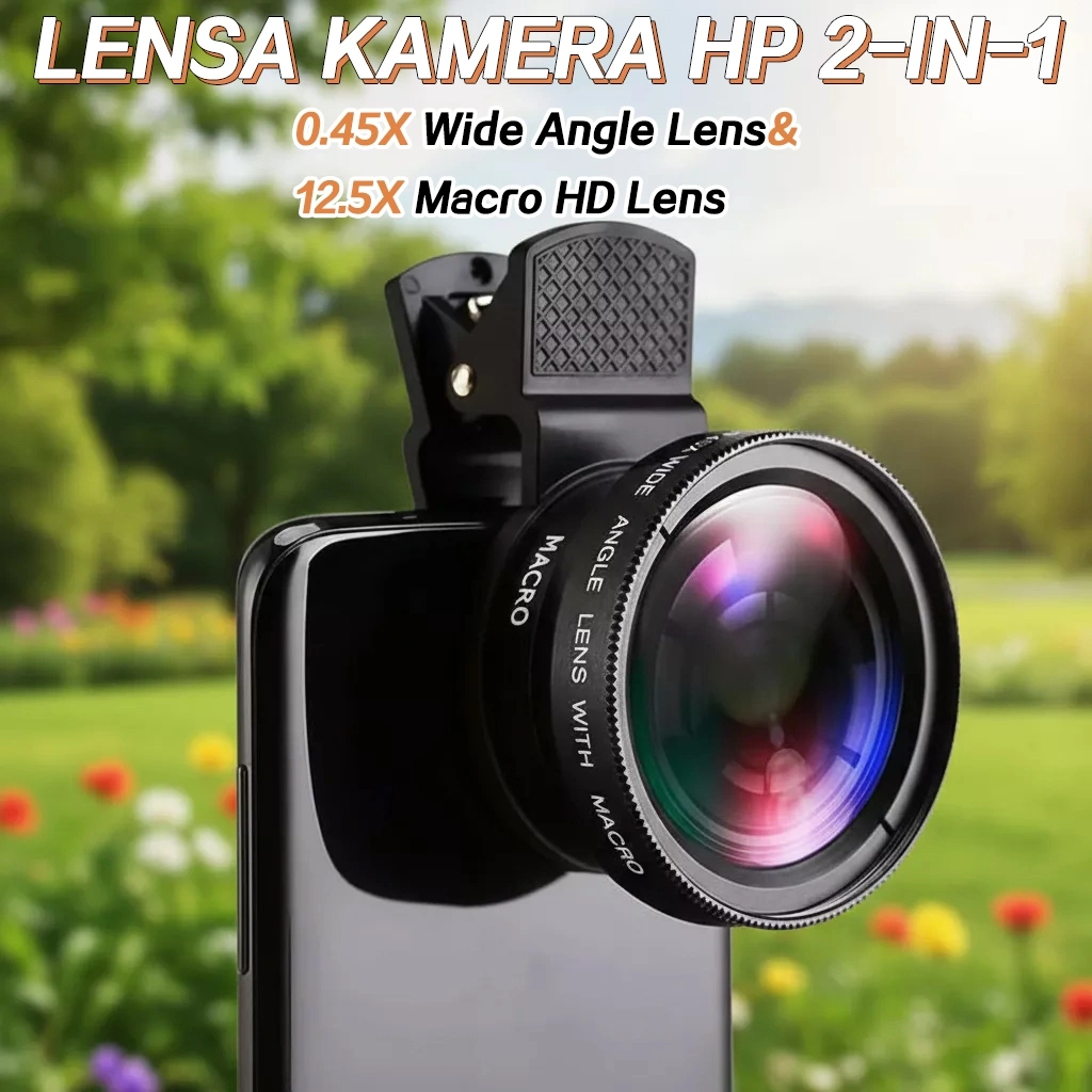 Lensa HP Kamera Wide Angle 0.45x + Makro 12.5x HD Clip-on Universal Cocok untuk iPhone Samsung dan Sebagian Besar Smartphone Android