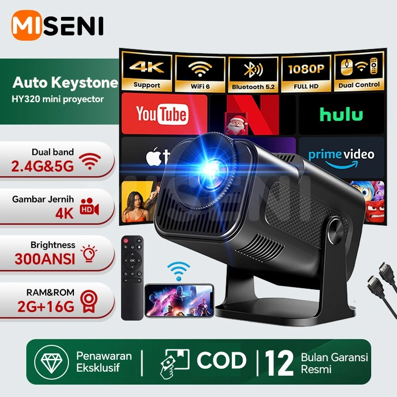 MISENI HY320 Mini Smart Proyektor Android 13.0 4k full hd 2G RAM+16G ROM Dual Band 2.4g&5g 10000 Lumens WiFi6 1080P Native Projector hp ke dinding LCD TV Asli Sistem Operasi 270 ° Proyektor Bluetooth Yang Dapat Disesuaikan