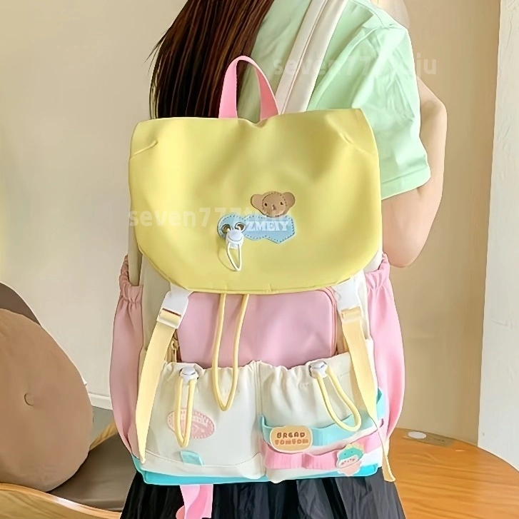 Tas Sekolah Dopamin Wanita/Tas Ransel korean style Anak Perempuan SMP/SMA dan Mahasiswa/Tas Ransel Kapasitas Besar/Tas Ransel Blok Warna yang Lucu/Desain Tali Serut Backpack/Tas Laptop