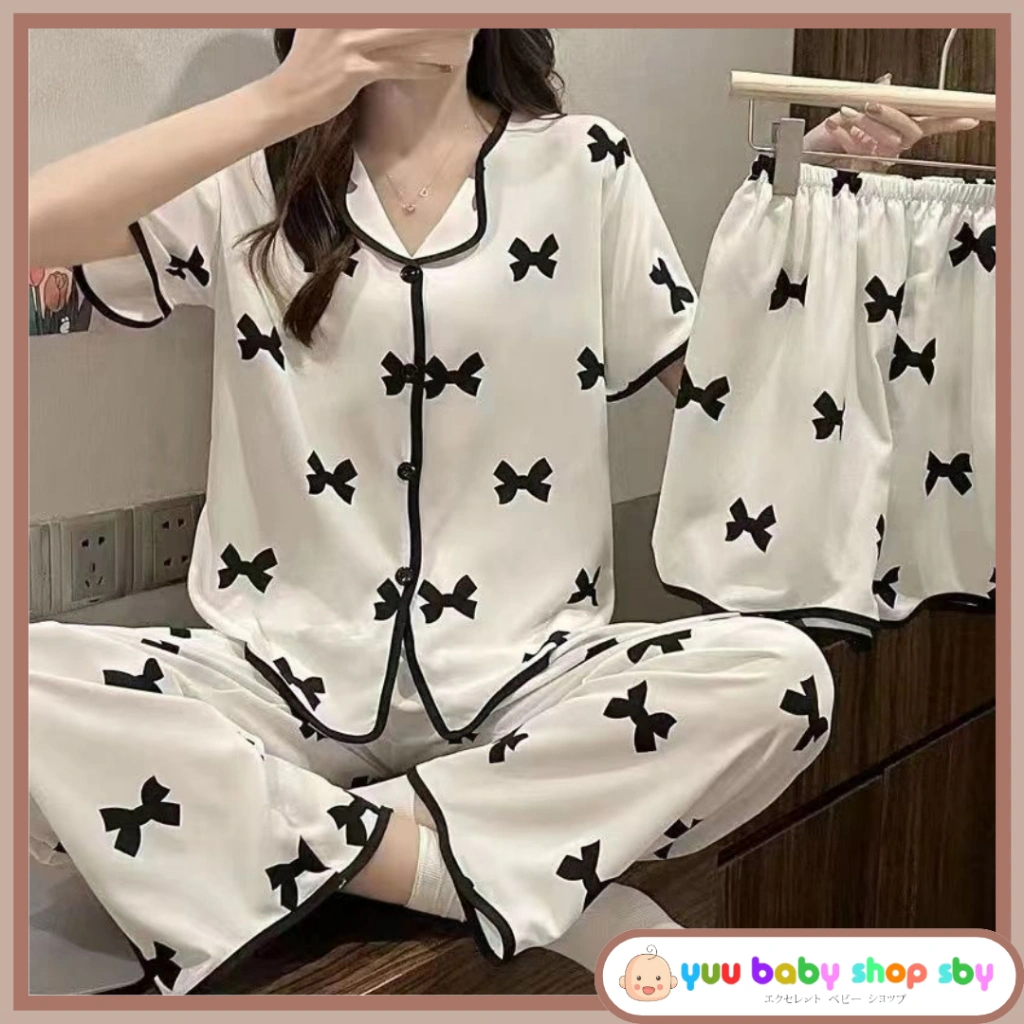 YBSS Baju tidur set 3in1 piyama wanita model kancing lengan pendek celana panjang bahan adem lembut cocok untuk harian santai terbaru PY016
