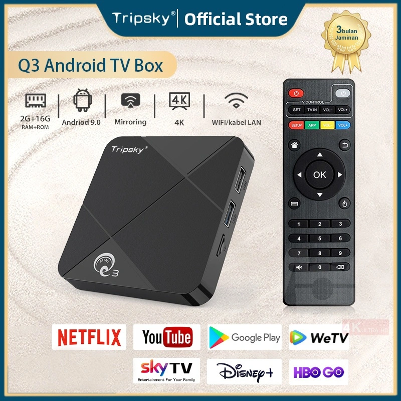 Tripsky Android Tv Box MiniQ3 Ram 2gb Rom 16gb Android 9 os 4K HD Smart Tv Box Unlock Tv Box Android