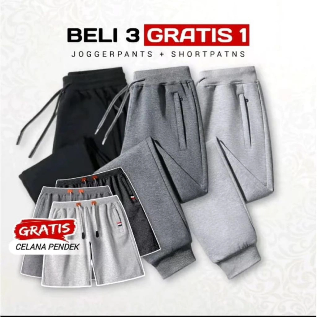 (paket hemat beli 3 geratis 1) paket hemat celana 3 jogger panjang + 1 celana pendek celana jogger training pria wanita