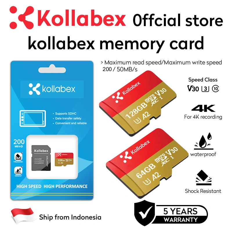 Kollabex Memory Card | Micro SD 32GB | 64GB | 128GB | 256GB | 512GB | 1TB up to 120Mbps U3 A2 V30 - Garansi 5 tahun