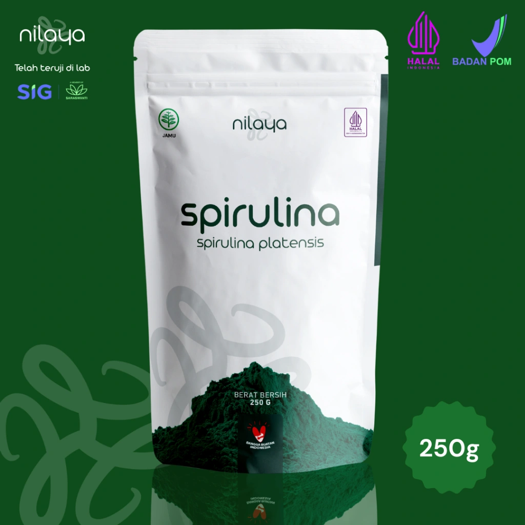NILAYA Organic Spirulina Powder 250 grams Superfood Vitamin Protein Zat Besi Klorofil Kalsium Sertifikat Organik & Halal Bubuk Spirulina.